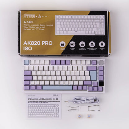 ISO-DE Layout AJAZZ AK820 PRO 75% QWERTZ German Layout Mechanical Keyboard Tri-Modes Wireless Keyboard with TFT Screen NKRO RGB