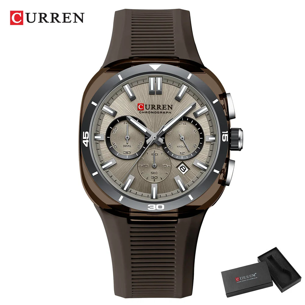 CURREN herenhorloge – Nieuw luxe quartzmodel, siliconen band, sportieve stijl, multifunctioneel, waterdicht, verlicht, met datumweergave en chronograaf.