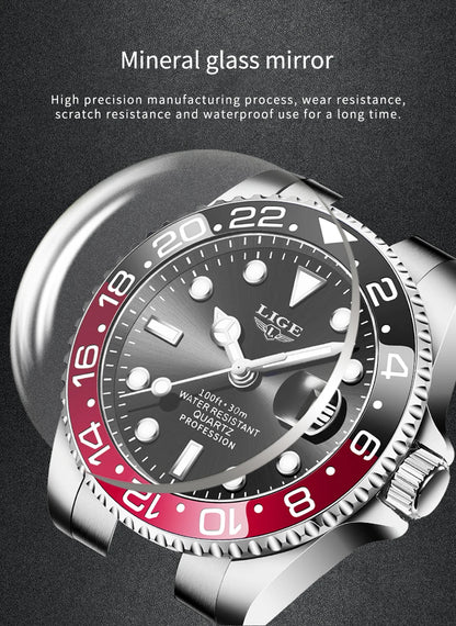 LIGE Fashion Business Watch Men 3ATM Waterproof Luminous Wristwatch Men Clock Top Brand Luxury Sports Quartz Diving Chronograph