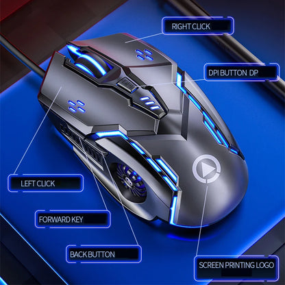 G5 žični gaming miš sa šarenim pozadinskim osvjetljenjem, 6 tipki, tihi miš, 4 brzine, 3200 DPI, RGB gaming miš za računalo i prijenosno računalo