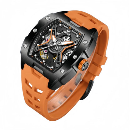 ONOLA Men's Rose Gold Automatic Mechanical Watch Silicone Strap Waterproof Luminous Hollow Dial Watch
