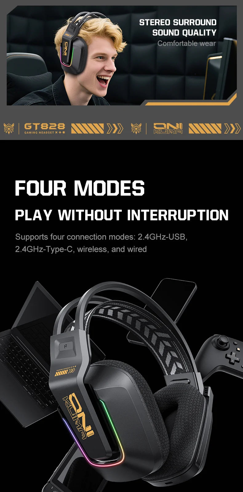 Auscultadores Gaming Sem Fios ONIKUMA GT828 Bluetooth 5.3 RGB com Microfone, Cancelamento de Ruído e Ligação em 4 Modos para PC, PS5 e Portátil