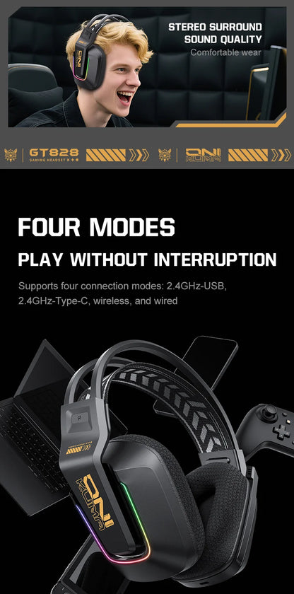 Auscultadores Gaming Sem Fios ONIKUMA GT828 Bluetooth 5.3 RGB com Microfone, Cancelamento de Ruído e Ligação em 4 Modos para PC, PS5 e Portátil
