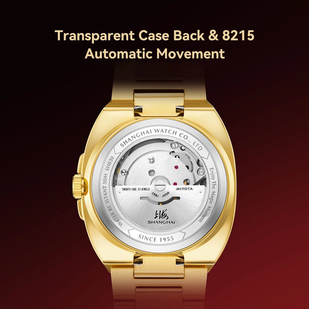 Shanghai Square Vintage Mechanical Watch 24K Gold Automatic Men's Watches 38mm Case 316L Stainless Steel Luxury Wristwatch SH030