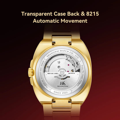 Shanghai Square Vintage Mechanical Watch 24K Gold Automatic Men's Watches 38mm Case 316L Stainless Steel Luxury Wristwatch SH030
