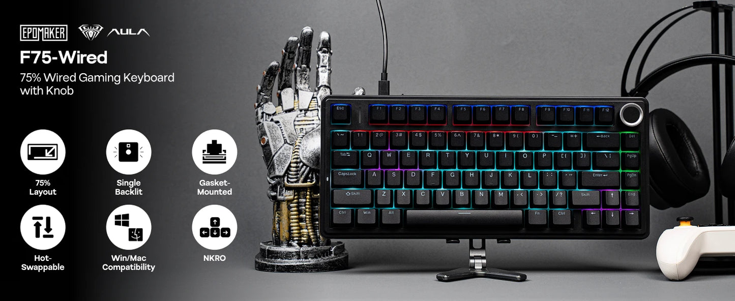 Teclado mecânico EPOMAKER x AULA F75 com fio, 75%, layout ANSI US, gasket, hot-swap, para Mac/WIN/Android, com botão rotativo