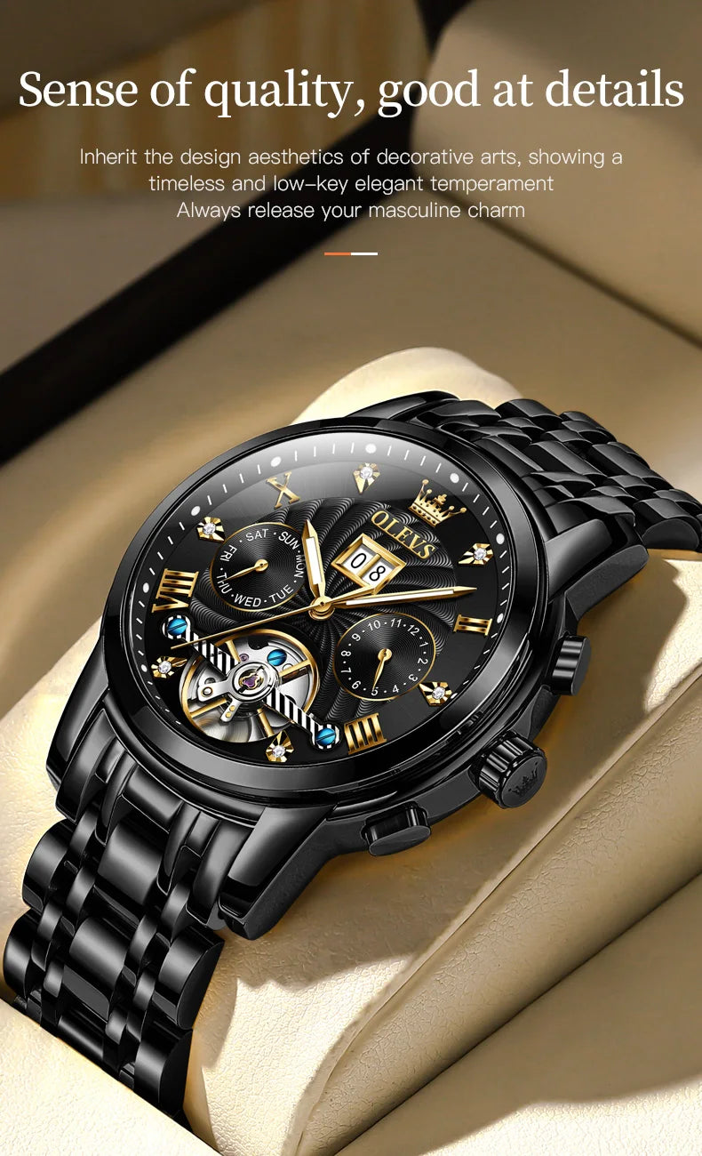 OLEVS 9910 Original Men's Automatic Mechanical Watch Luxury Skeleton Stainless steel Waterproof Luminous Watches