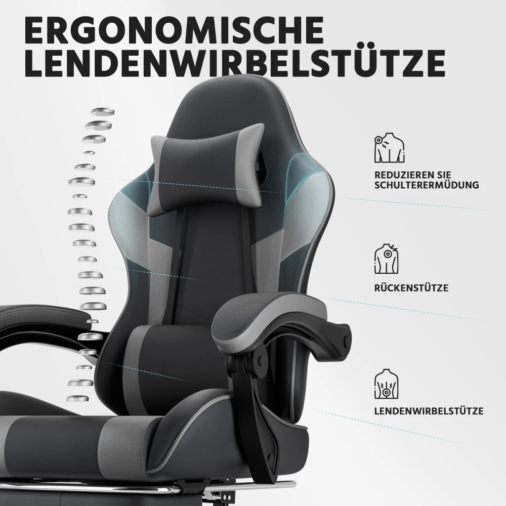 Ergonomic Gaming Chair with Lumbar Support, Adjustable Office Chair, Breathable PU Leather Computer Chair with Footrest & Reclining Backrest