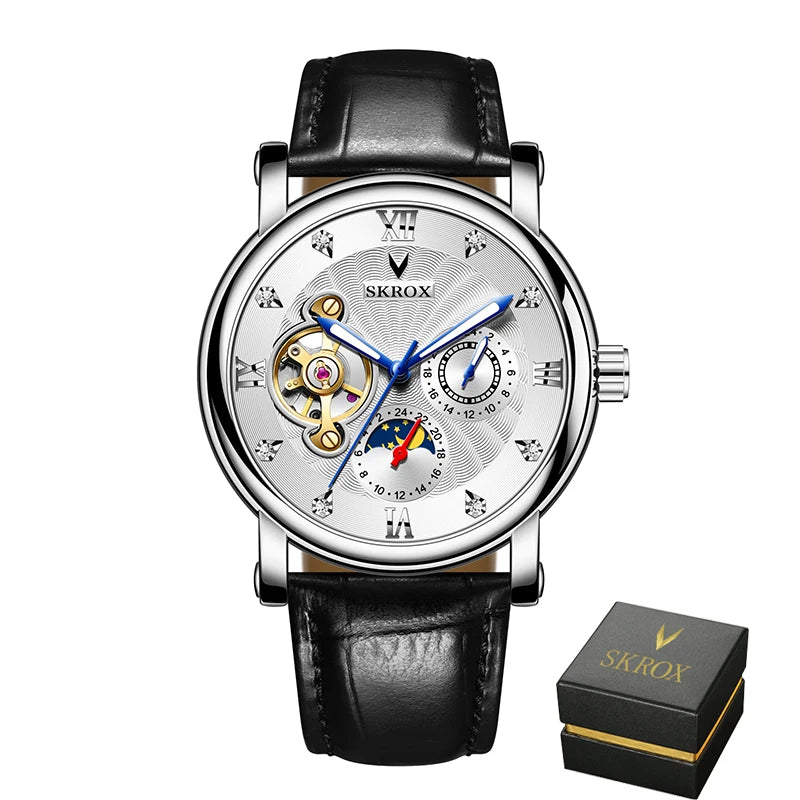 Luxus automatikus mechanikus férfi karóra, egy neves márka aláírásával, tourbillon-nal, holdfázis-kijelzővel és gyémántokkal díszítve – egy elegáns karóra.