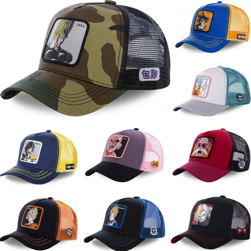 Dragon Ball Buu Goku sapka Nyári utazós csúcsos sapka Férfi hímzett hip-hop stílusú napellenzős állítható trucker hálós sapka