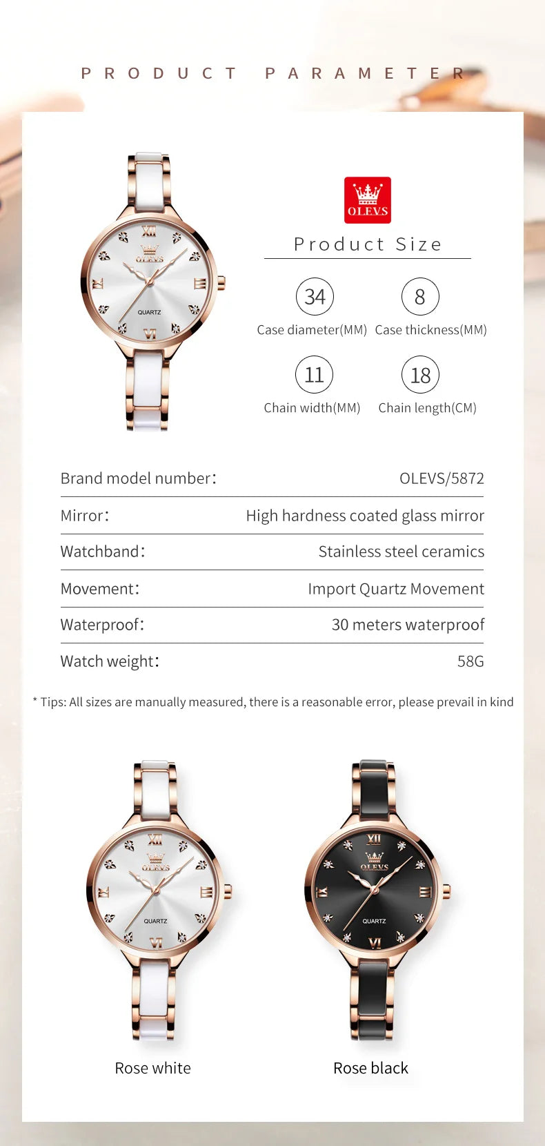 OLEVS 5872 Luxury Women's Watches Elegant Fashion Ceramic strip Waterproof Japan Imports Quartz Watch Dress Lady Watch Simple