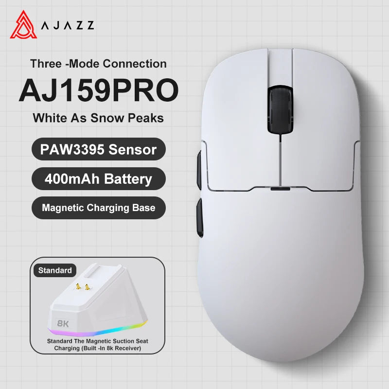 AJAZZ AJ159 APEX belaidė žaidimų pelė, lengva RGB žaidimų pelė su magnetine įkrovimo stovele, „Bluetooth“ ir 2.4GHz, iki 30,000 DPI, skirta stacionariems kompiuteriams ir nešiojamiesiems kompiuteriams