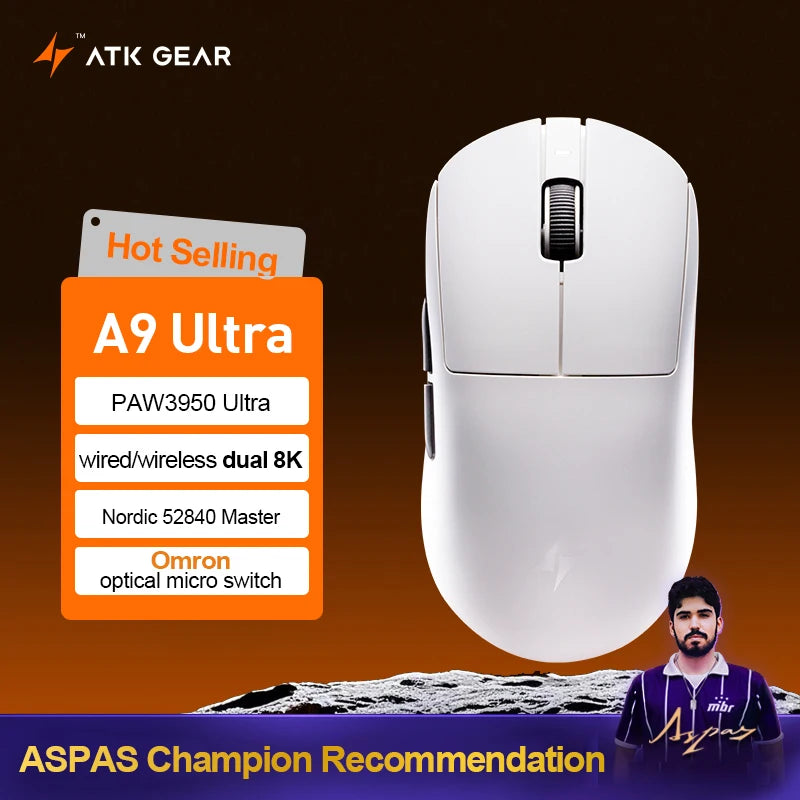 „ATK Dragonfly A9 Ultimate“ belaidė žaidimų pelė, „PAW3950 Ultra 8 kHz“ ergonomiška lengva žaidimų pelė, skirta FPS, e. sportui ir „CSGO“