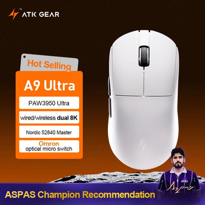 „ATK Dragonfly A9 Ultimate“ belaidė žaidimų pelė, „PAW3950 Ultra 8 kHz“ ergonomiška lengva žaidimų pelė, skirta FPS, e. sportui ir „CSGO“