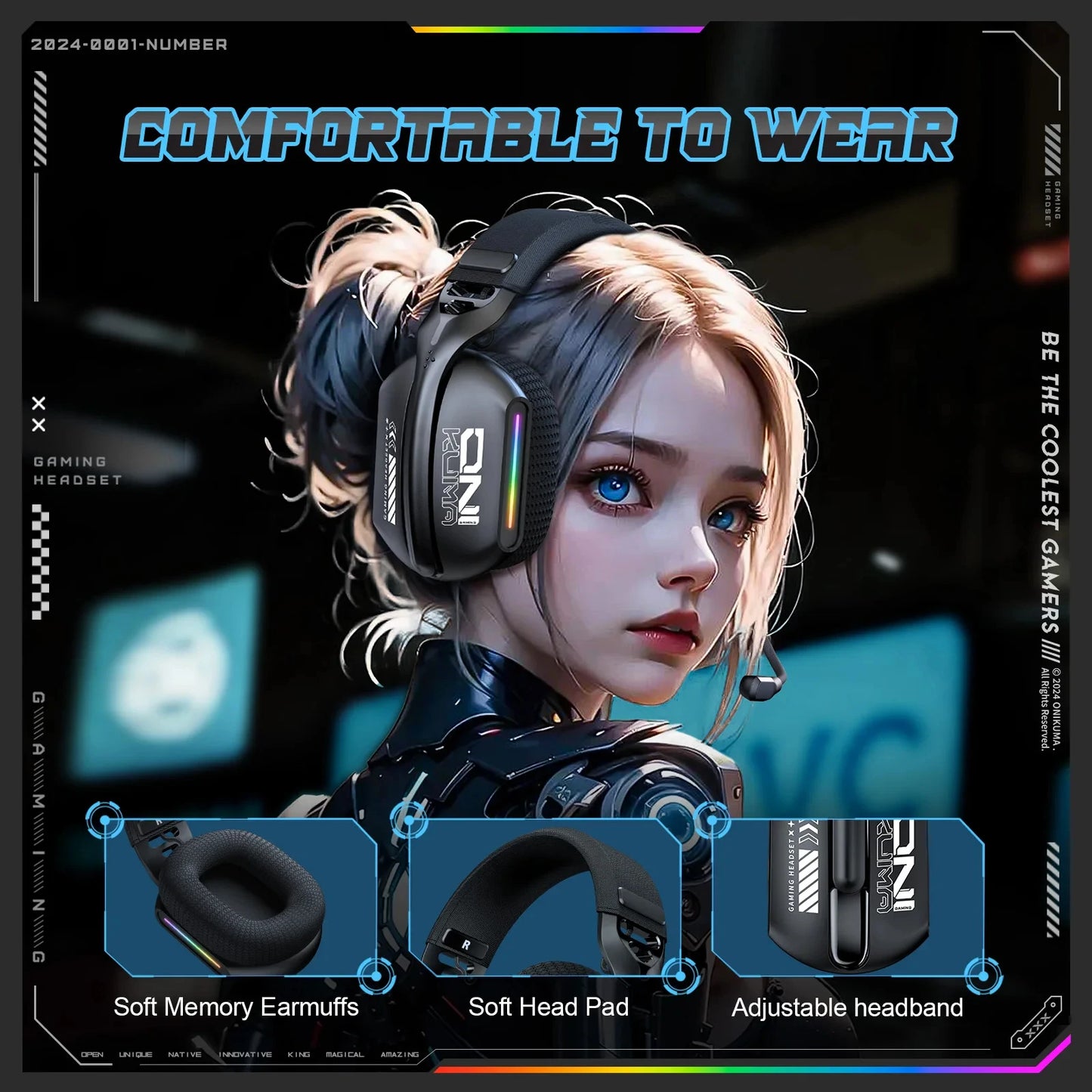 Auscultadores Gaming Sem Fios ONIKUMA GT828 Bluetooth 5.3 RGB com Microfone, Cancelamento de Ruído e Ligação em 4 Modos para PC, PS5 e Portátil