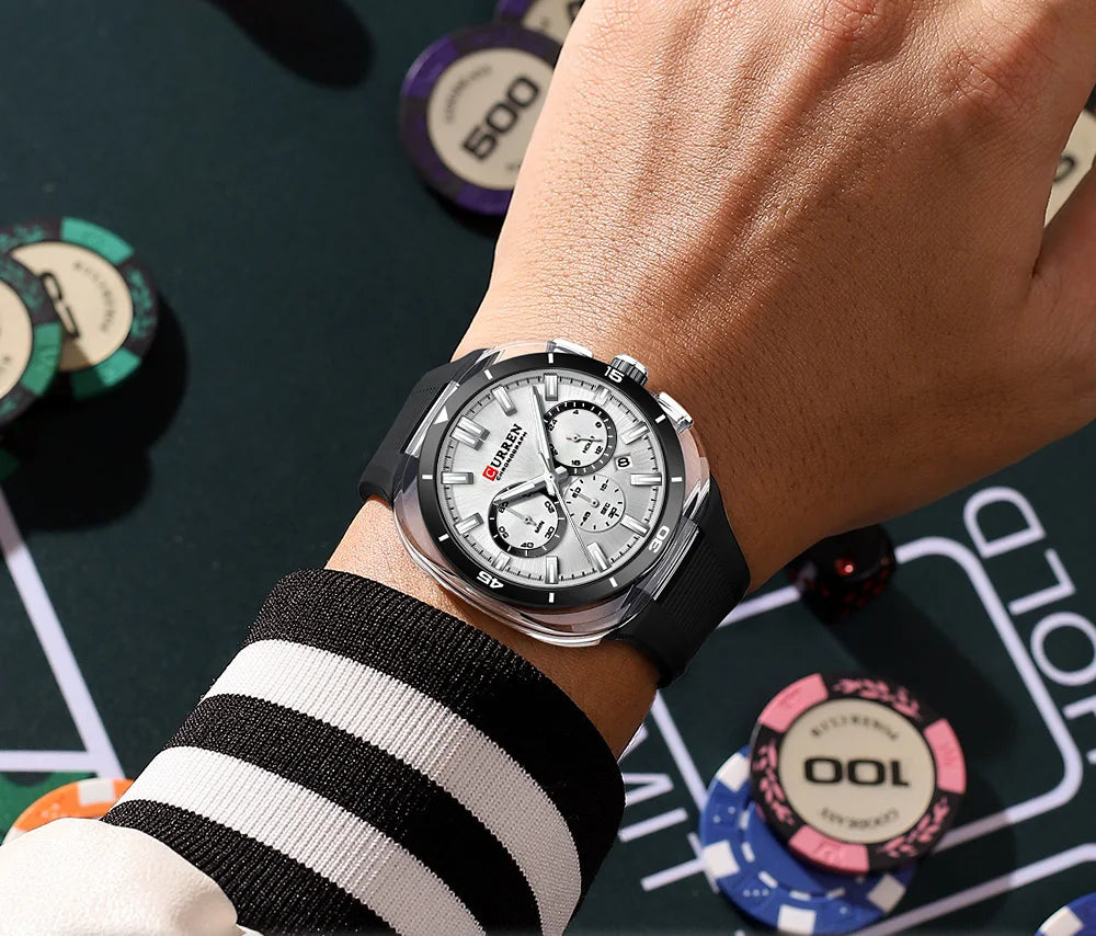 CURREN herenhorloge – Nieuw luxe quartzmodel, siliconen band, sportieve stijl, multifunctioneel, waterdicht, verlicht, met datumweergave en chronograaf.