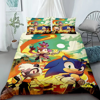 Cartoon Duvet Cover Set , Washable Cotton Bedding – S-Sonic-S the H-Hedgehog Movie Theme Student Bedroom Decor for All Seasons