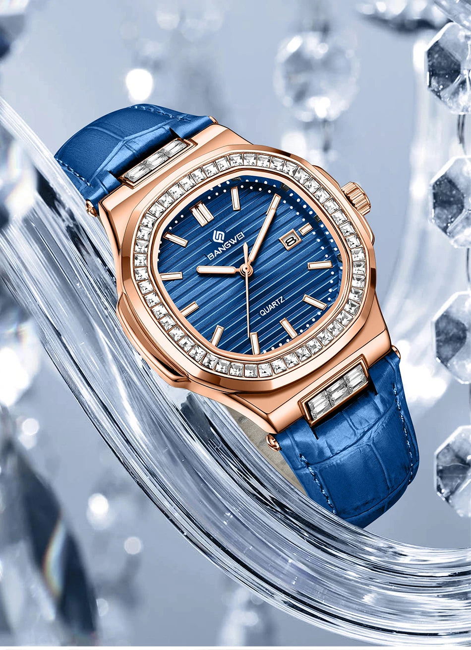 New Fashion BANGWEI Elegant Luxury Quartz Woman Watch Simple Dial Diamond Retro Leather Date Waterproof Luminous Women's Watches