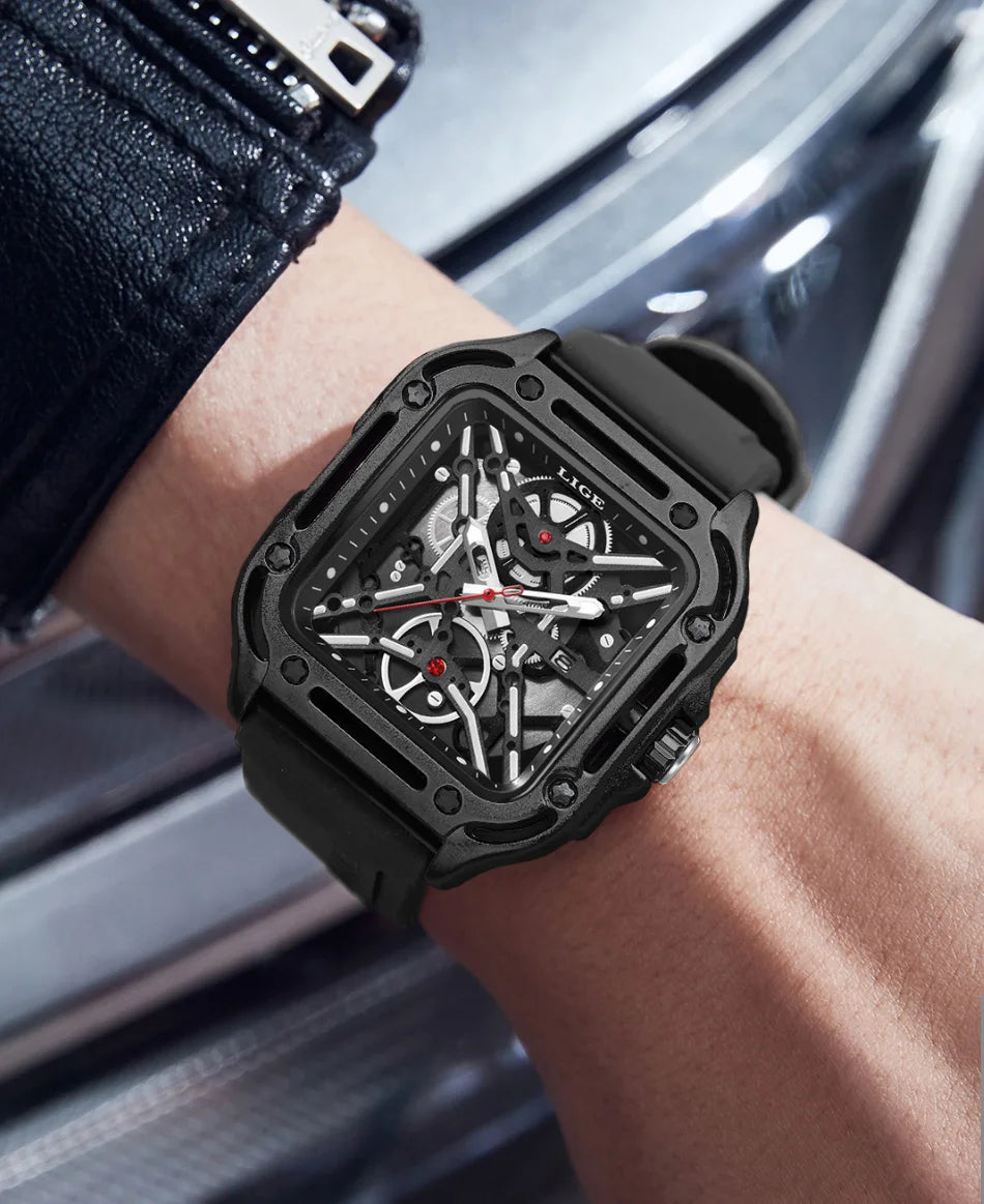 LIGE New Fashion Men Watches Luxury Large Dial Square Design Quartz Watch Casual Silicone Band Men's Sports Watches Reloj Hombre