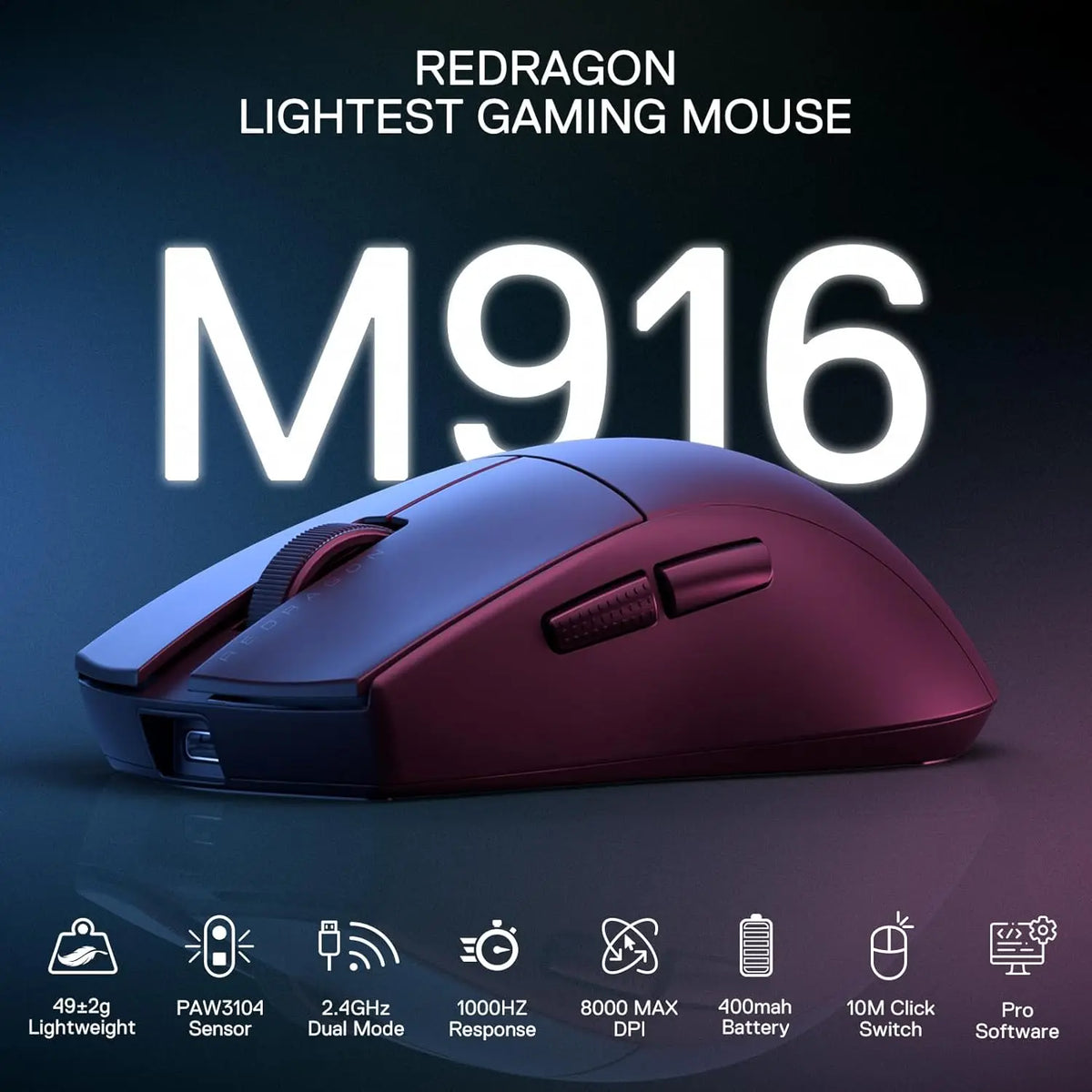 Redragon M916 trådløs gamermus, 49G ultralet 8K DPI 2.4G trådløs gamingmus med ergonomisk, naturligt greb