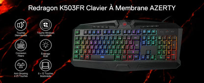 Redragon K503 AZERTY Wired Gaming Keyboard, RGB LED Backlight, Multimedia Keys, Silent Membrane Keyboard with Wrist Rest