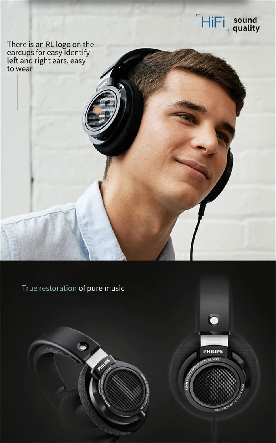 Philips SHP9500 HiFi Stereo Wired Headphones, 50mm Dynamic Driver Open-Back Headset for Gaming, Music, Study & Professional Audio