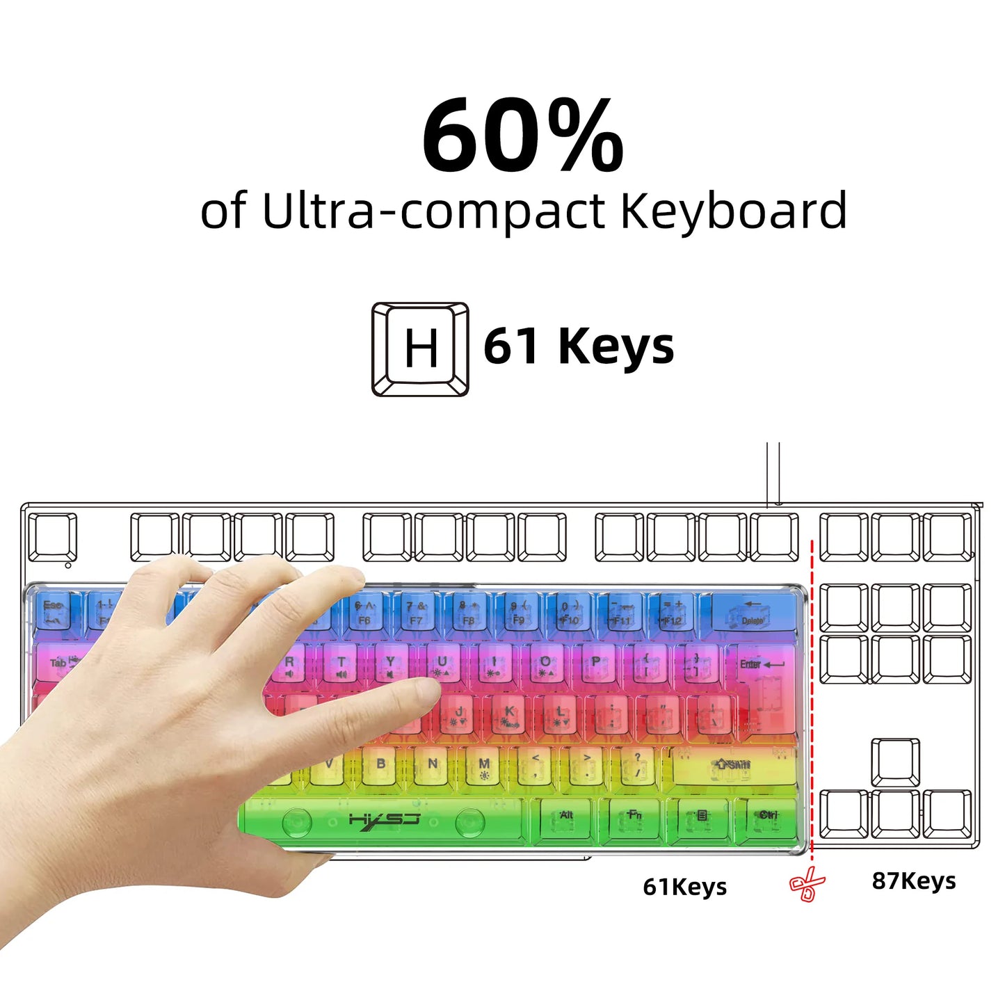 Teclado Gaming Transparente com Fio HXSJ 60%, Retroiluminação RGB, Ultra-Compacto, Impermeável, Teclado Compacto Pequeno de 61 Teclas para PC/Mac