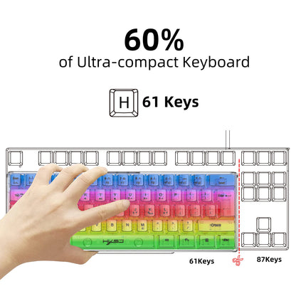 Teclado Gaming Transparente com Fio HXSJ 60%, Retroiluminação RGB, Ultra-Compacto, Impermeável, Teclado Compacto Pequeno de 61 Teclas para PC/Mac