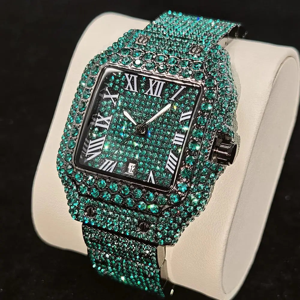 Hot UNIGUET Men's Square Watch Luxury Hip Hop Diamond Jewelry Waterproof Stainless Steel Quartz Wristwatch Fashion Man Accessory