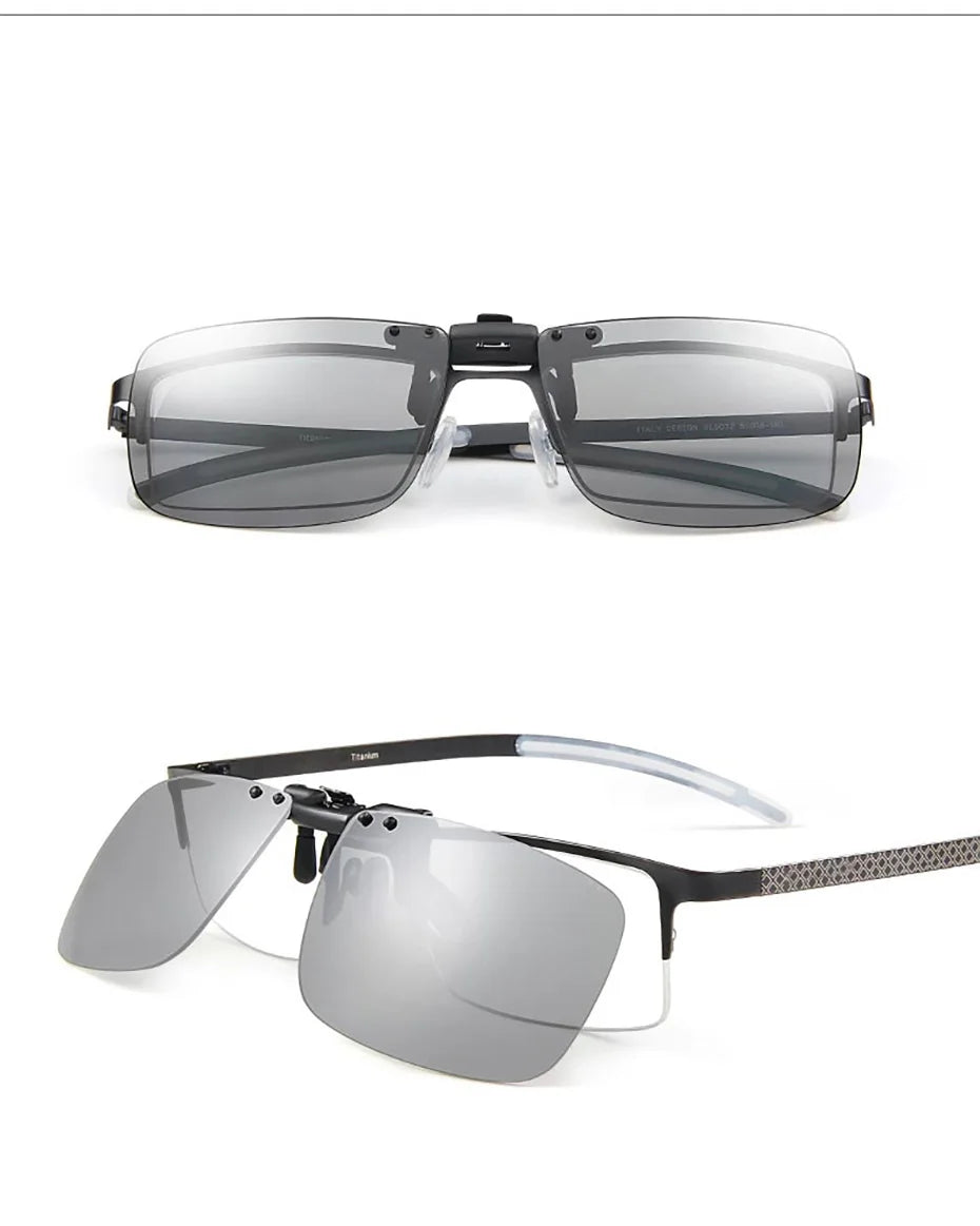 CAPONI New Sunglasses Clip For Men Square Polarized Photochromic Glasses Clip Flipped Up Protect Eyes Light Clip On Frame BS1282