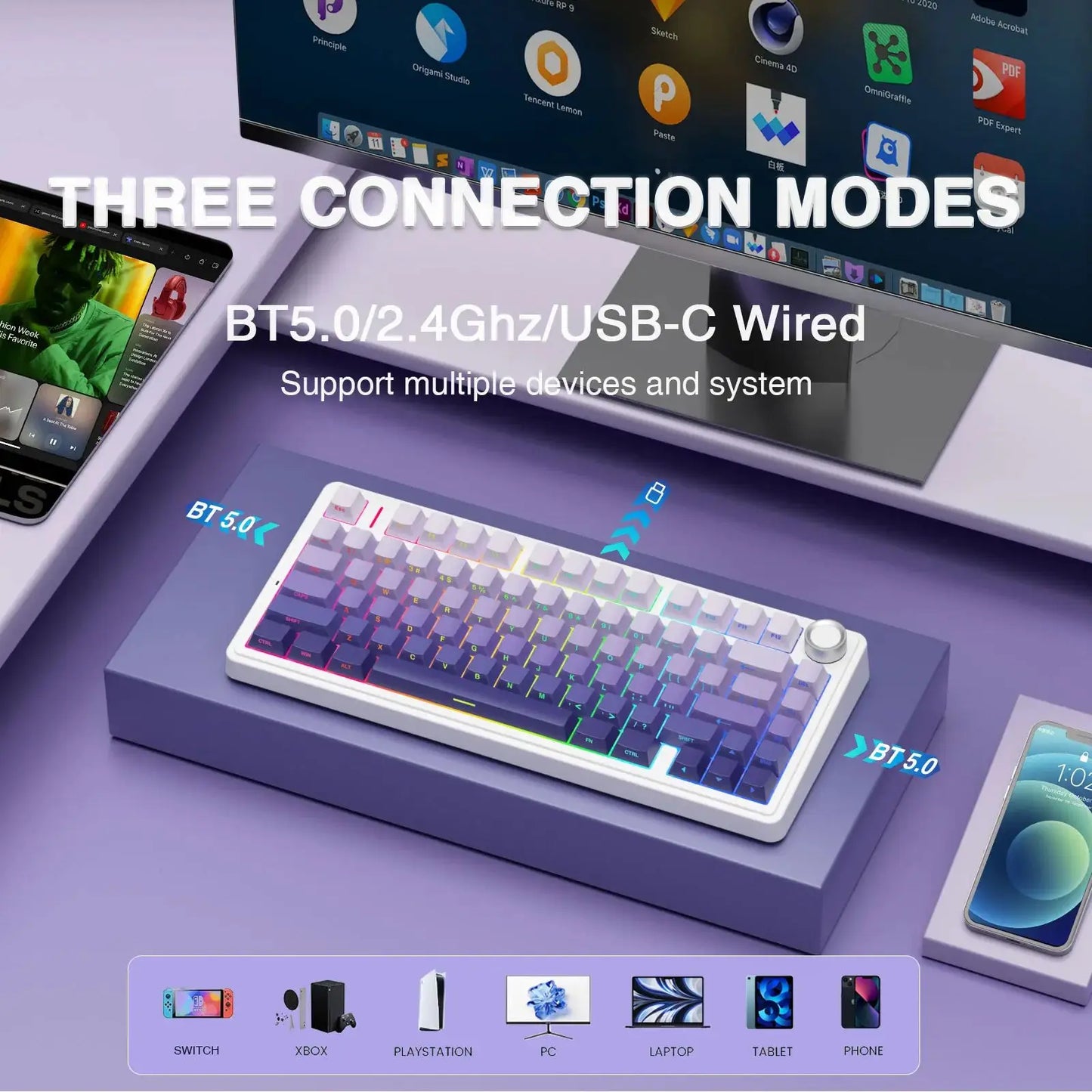 Teclado Mecânico Gaming Sem Fios AULA F75 Pro com Montagem Gasket, RGB Personalizado, Layout 75% e Teclas PBT com Gravação Lateral
