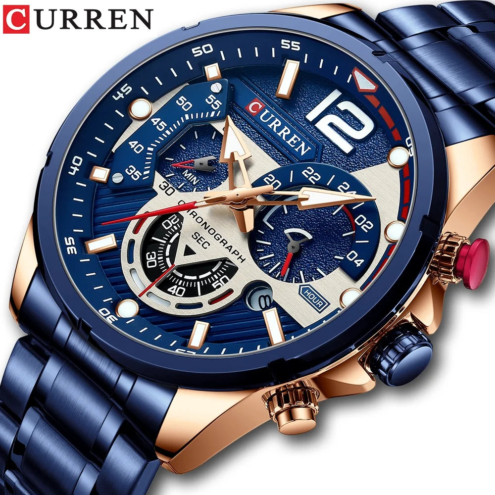 Orologio da uomo CURREN sportivo al quarzo con cronografo, in acciaio inox di lusso con quadrante luminoso