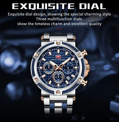 MINI FOCUS Black Stainless Steel Quartz Watch Men Fashion Luminous Dress Wristwatch with Date 24-hour Display Chronograph 0470