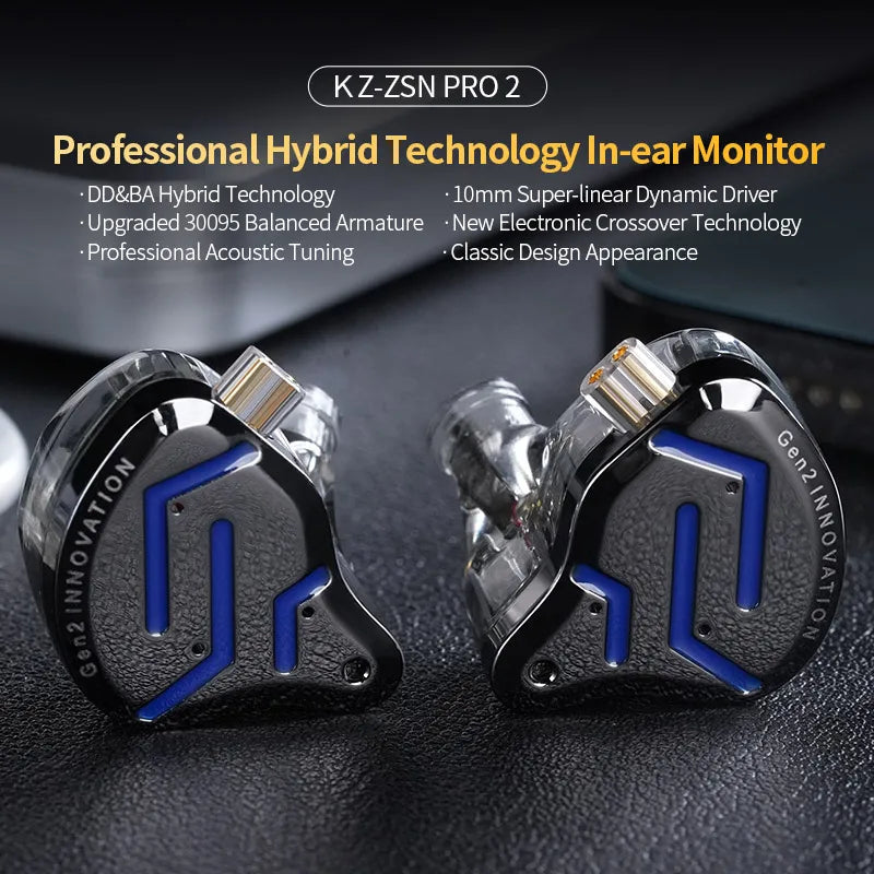 KZ ZSN Pro 2 Hybrid In-Ear Wired Headphones – 1BA+1DD HiFi Bass Noise Cancelling Earphones with Mic