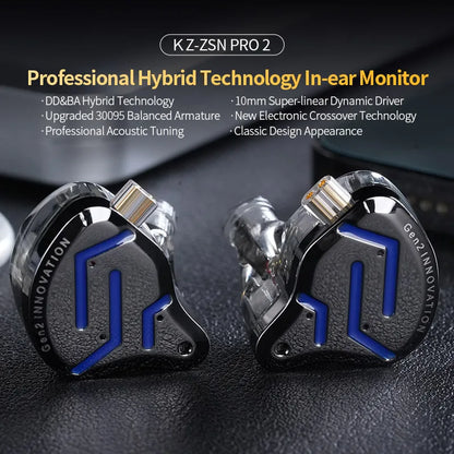 KZ ZSN Pro 2 Hybrid In-Ear Wired Headphones – 1BA+1DD HiFi Bass Noise Cancelling Earphones with Mic