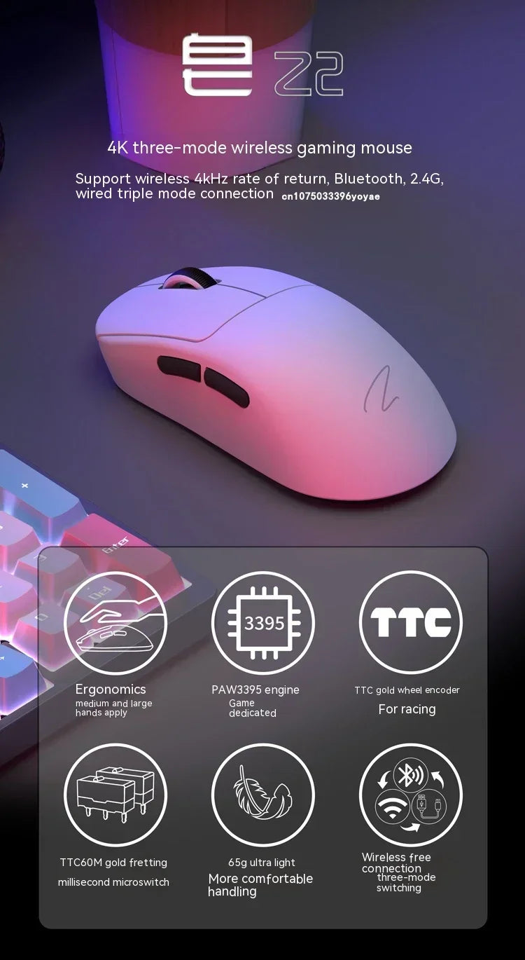 Zaopin Z2 Wireless Gaming Mouse 3-Mode PAW3395 4K Polling Rate Lightweight Esports Mouse for PC, Laptop & Gaming