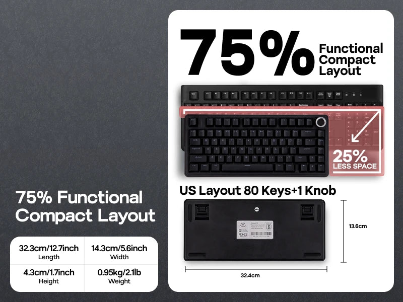Teclado mecânico EPOMAKER x AULA F75 com fio, 75%, layout ANSI US, gasket, hot-swap, para Mac/WIN/Android, com botão rotativo