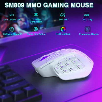 SOLAKAKA SM809 Pro Wireless MMO Gaming Mouse, PAW3311 24000 DPI RGB Programmable Gaming Mouse with 16 Side Buttons, Tri-Mode Bluetooth, 2.4GHz & Wired