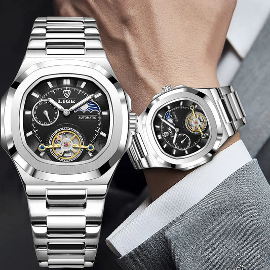 LIGE Watch For Man Luxury Business Waterproof Luminous Mechanical Watches Fashion Moon Phase Automatic Movement Men's Watches