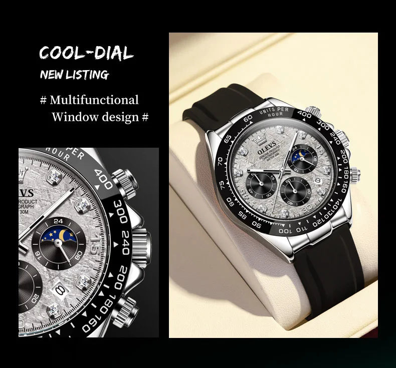 OLEVS 2875 Quartz Watch for Men Original Luxury Brand Silicone Strap Chronograph Auto Date Waterproof Moon Phase Sport Man Watch