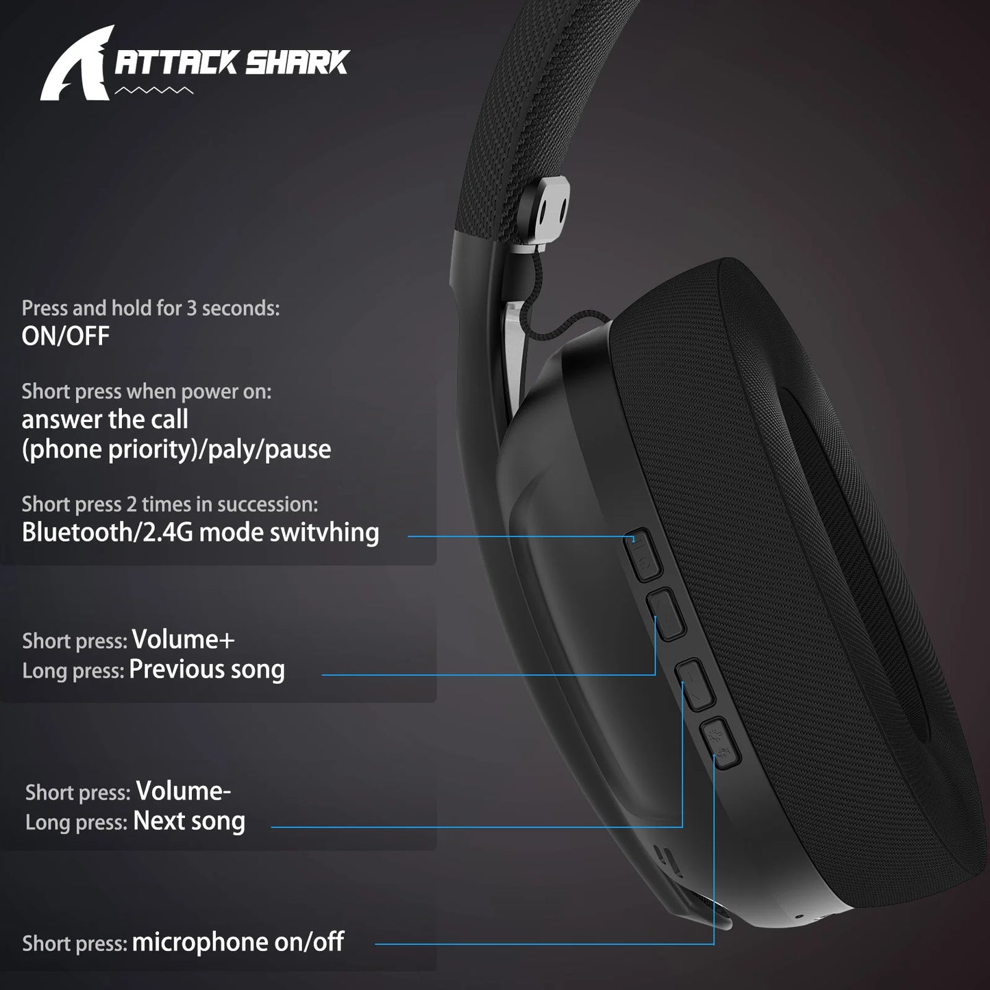 ATTACK SHARK L80 Ultra-Light 180g Gaming Headset – Tri-Mode Wireless (Bluetooth 5.3 / 2.4G / Wired), 5.1 Surround Sound, 40mm Drivers, Pluggable Mic
