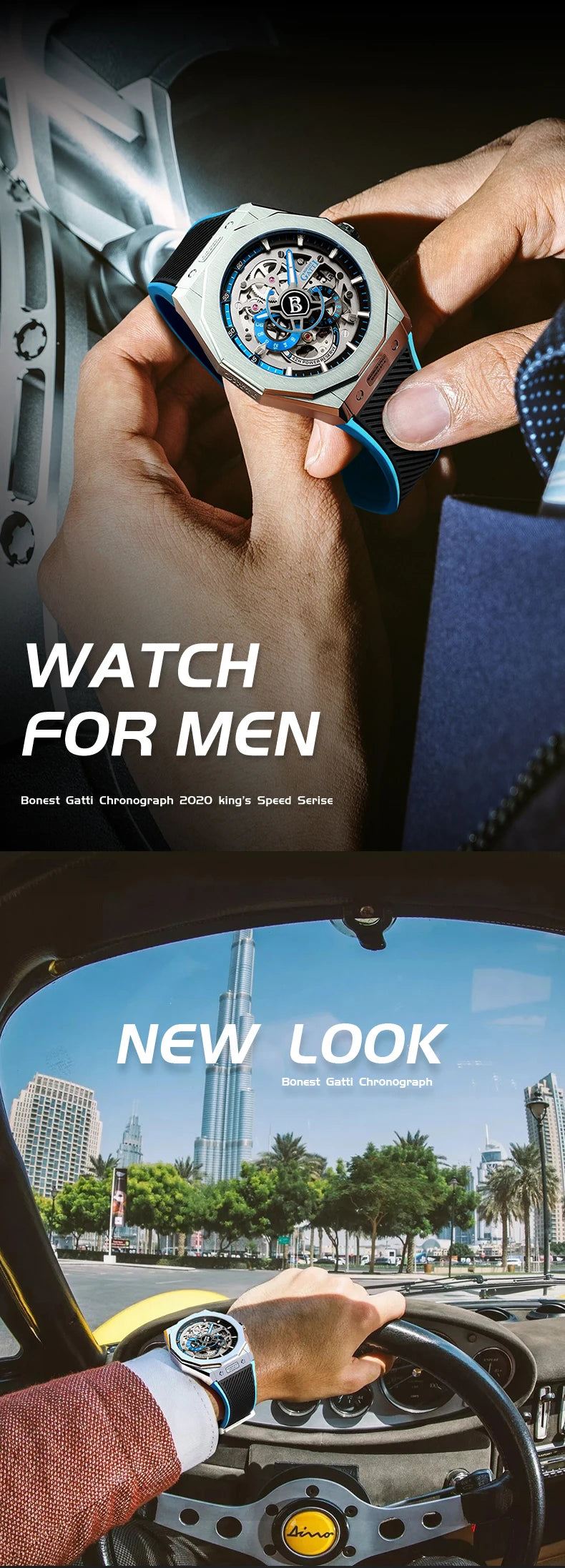 BONEST GATTI BG7601 Men's Automatic Mechanical Watch Sapphire Crystal Waterproof Luminous Rubber Strap Wristwatch