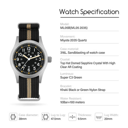 Militado ML05 38mm Quartz Watch Miyota 2035/Ronda 515 Movement Watches Domed Sapphire Crystal Luminous 100m Waterproof Watches
