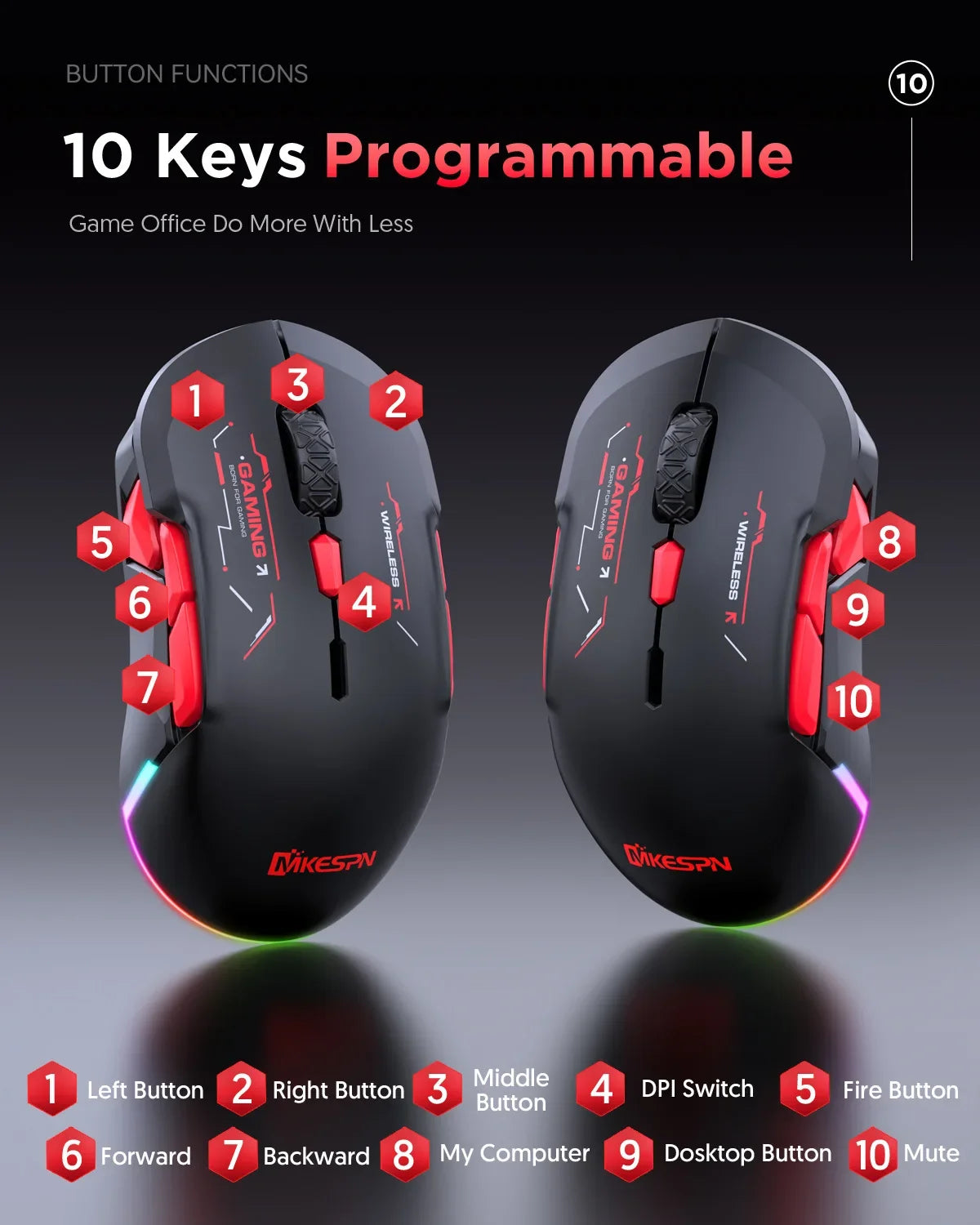 Mouse gaming macro MKESPN W12 a 10 pulsanti, ambidestro, wireless Bluetooth multi-canale tri-mode, grande RGB ergonomico