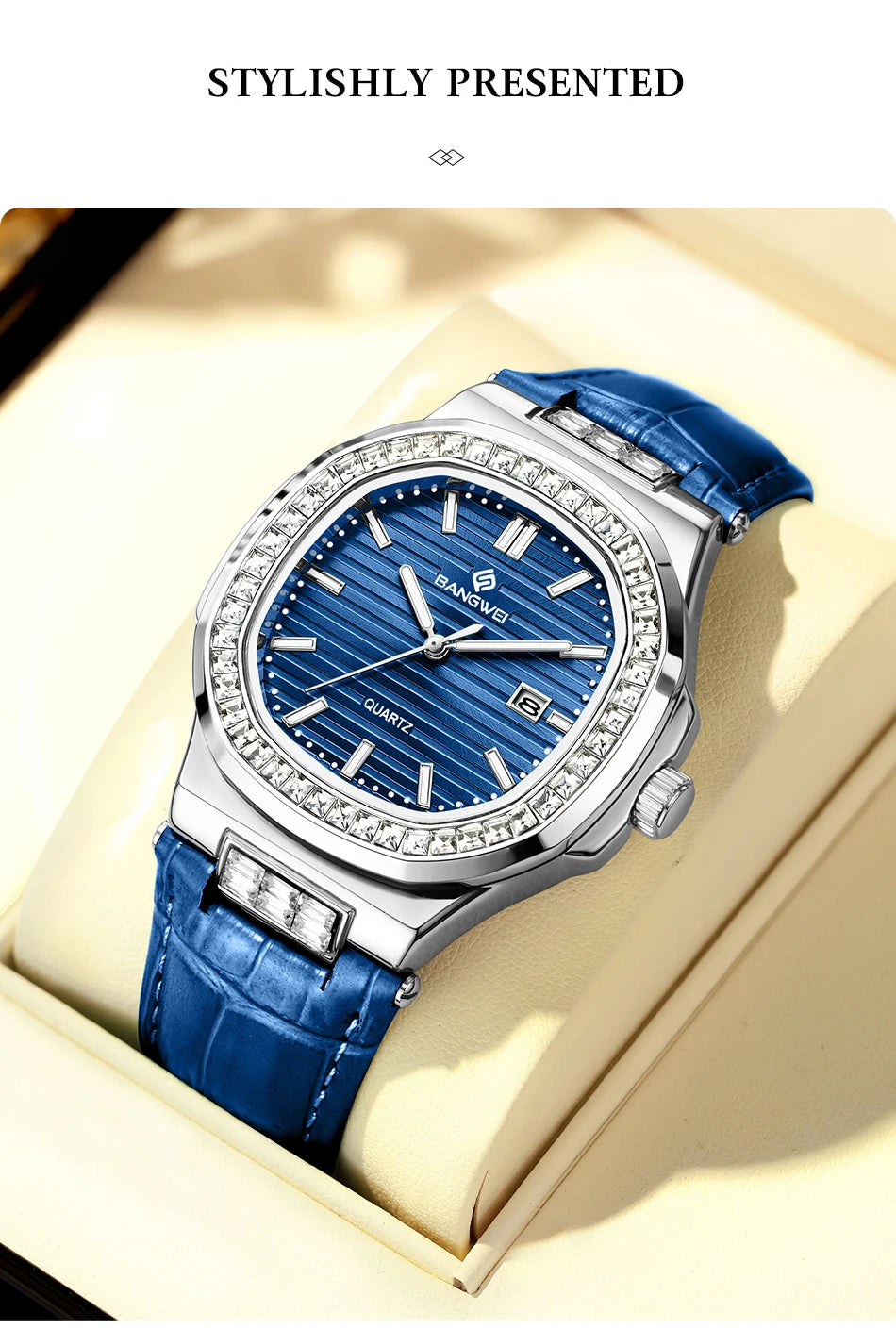 New Fashion BANGWEI Elegant Luxury Quartz Woman Watch Simple Dial Diamond Retro Leather Date Waterproof Luminous Women's Watches