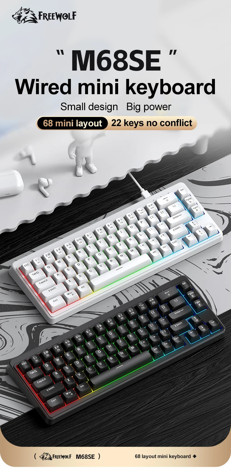 FREEWOLF M68SE Teclado Mini com Fio de 68 Teclas, Retroiluminação RGB, Type-C, Layout 68%, Compacto para Gaming, Escritório, PC e Portátil