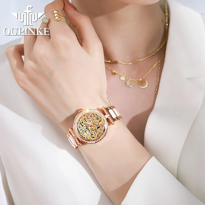OUPINKE 3175 Women Watches Luxury Elegant Skeleton Automatic Mechanical Watches For Woman 50M Waterproof Bracelet Necklace Set