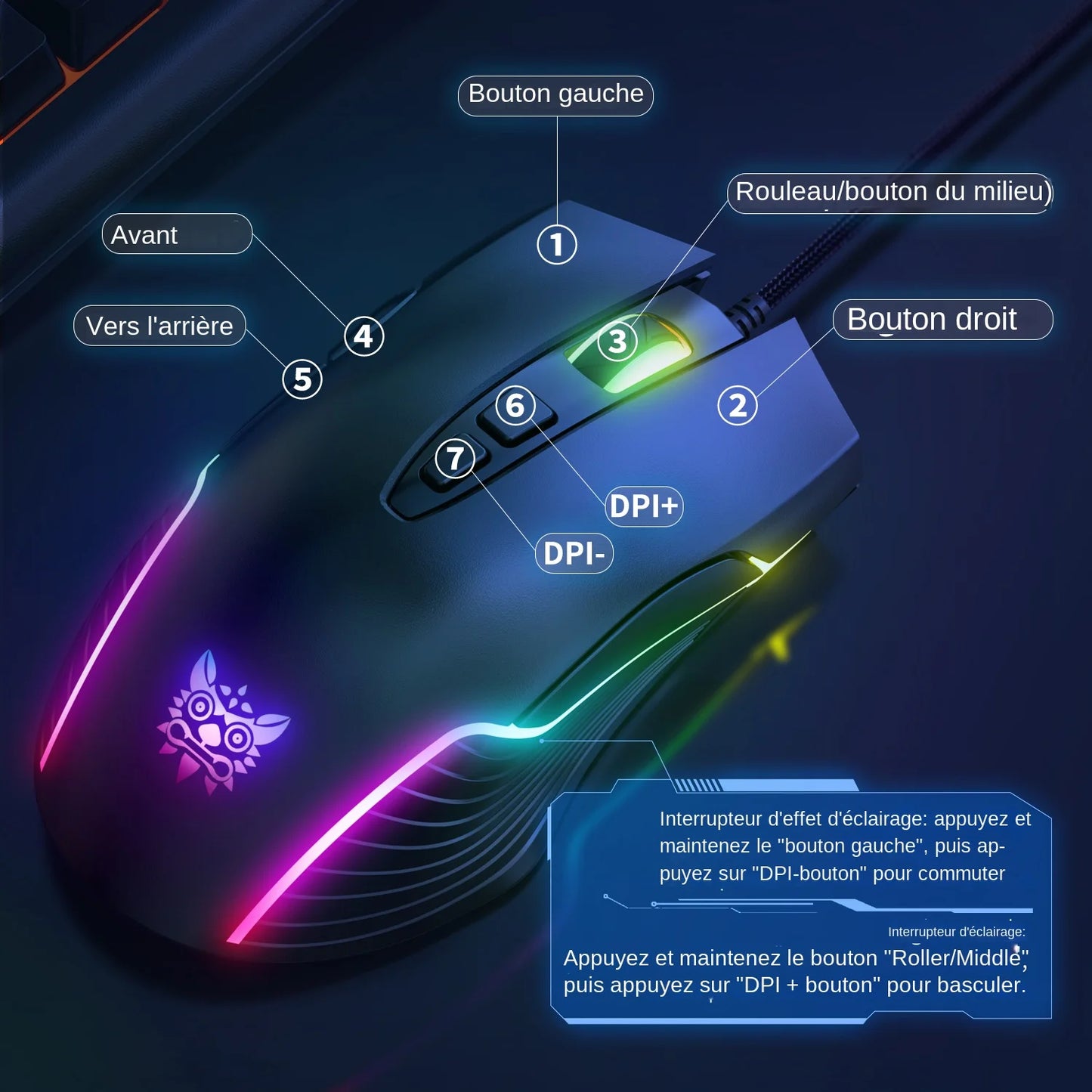 Mouse da gaming cablato ONIKUMA, 6 livelli regolabili, 6400 DPI, 7 pulsanti programmabili, 7 modalità di illuminazione RGB, design ergonomico per gamer PC