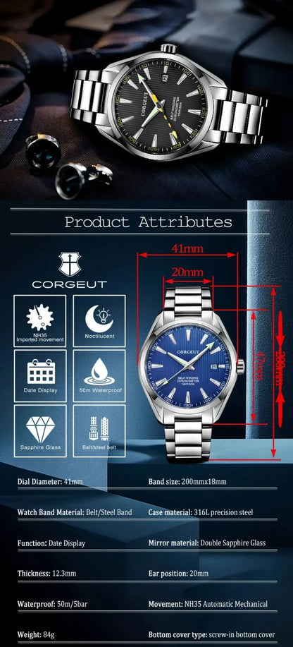 CORGEUT 41mm Luxury NH35 MOVEMENT Watch for Man Sapphire Glass Sport Clock Watch Automatic Relogio Masculino Mechanical Watches