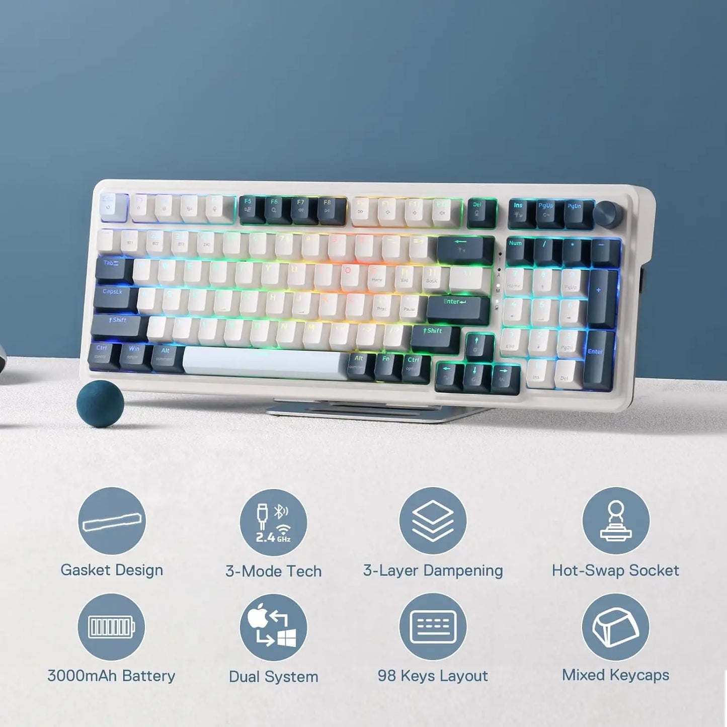 Redragon K686 PRO 98 Keys 3-Mode Wireless Gasket RGB Gaming Mechanical 5-Layer Noise Dampening Hot-Swap Keyboard
